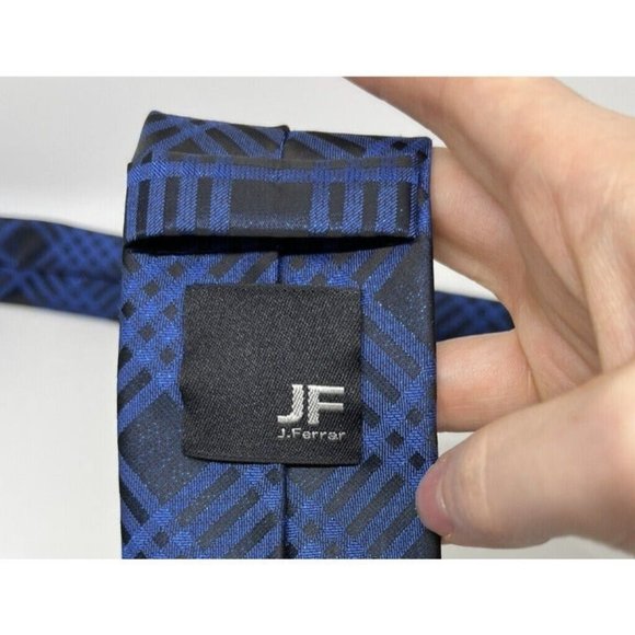 J Ferrar Men's Tie Slim,Skinny Necktie Blue And Black Plaid Blue Metallic Design - Picture 6 of 10